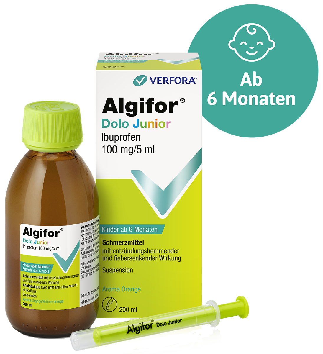 Kopfschmerzen & Fieber – Algifor Dolo Junior Suspension ab 6 Monaten Packshot mit Produkt
