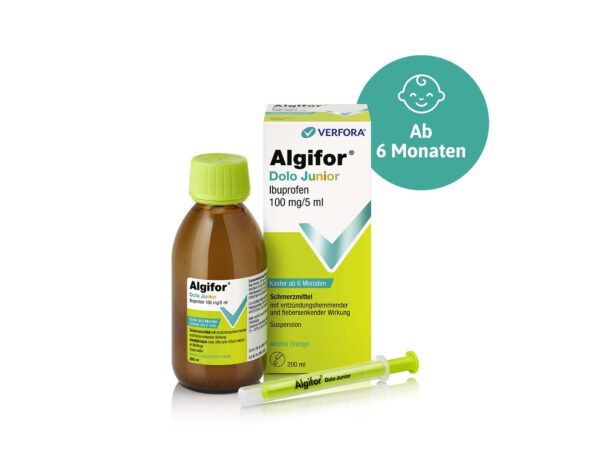 Kopfschmerzen & Fieber – Algifor Dolo Junior Suspension Packshot mit Produkt