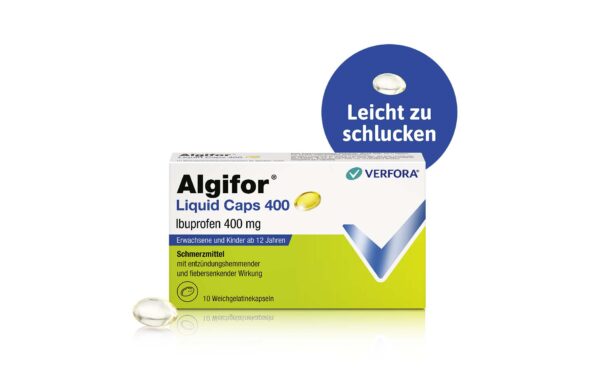 Kopfschmerzen & Rückenschmerzen – Packshot Algifor Liquid Caps 400, leicht zu schlucken