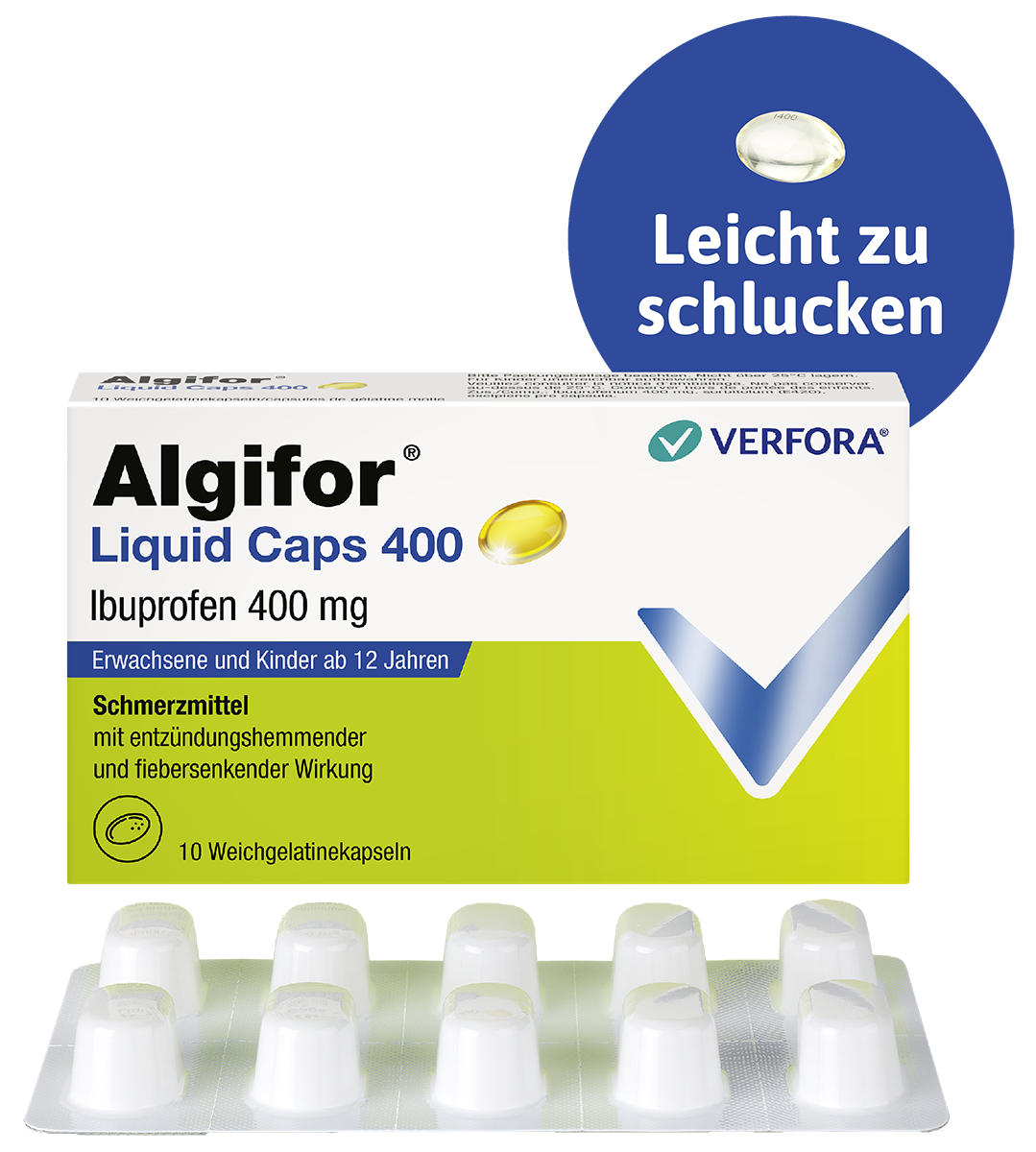 Kopfschmerzen & Rückenschmerzen – Packshot mit Produkt Algifor Liquid Caps 400, leicht zu schlucken