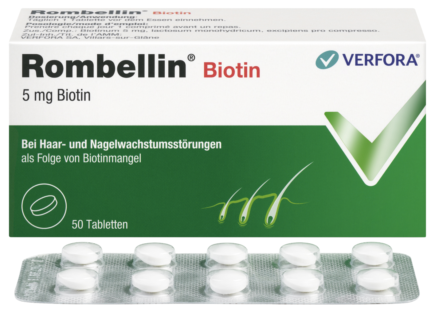 Biotinmangel & Haarwachstumsstörungen – Packshot mit Produkt Rombellin 5mg Biotin
