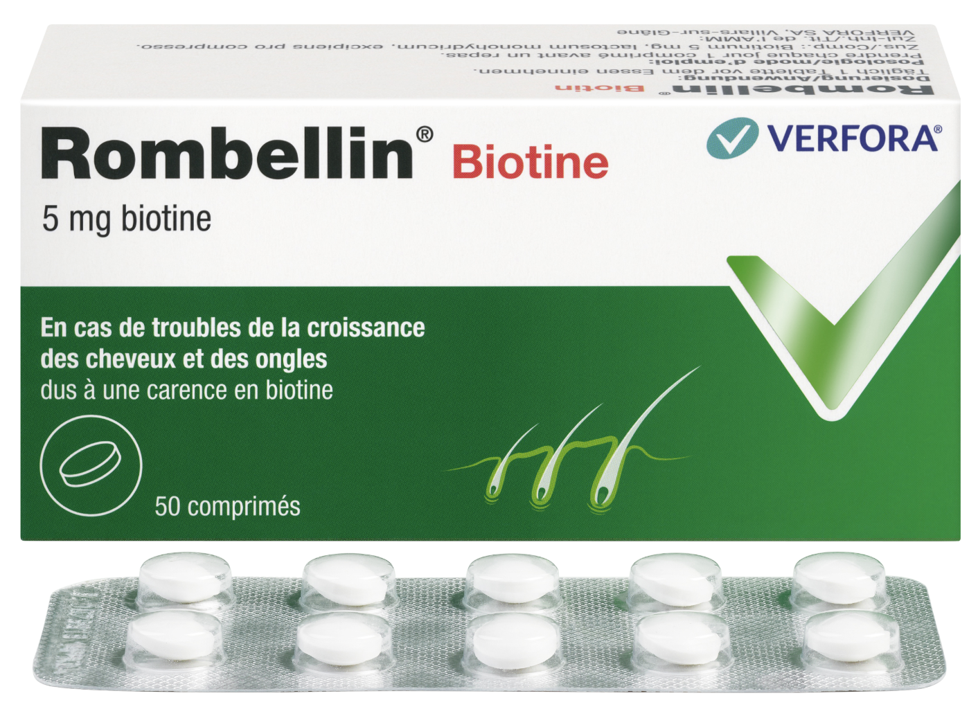 Carence en biotine & trouble de la croissance des cheveux – Packshot avec produit Rombellin 5mg Biotine