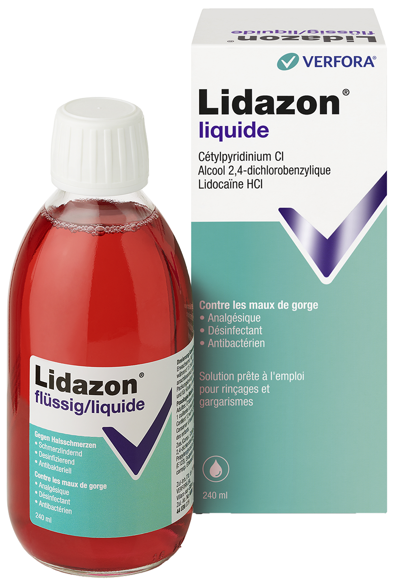 Contre les maux de gorge – Packshot avec produit Lidazon liquide gargarisme