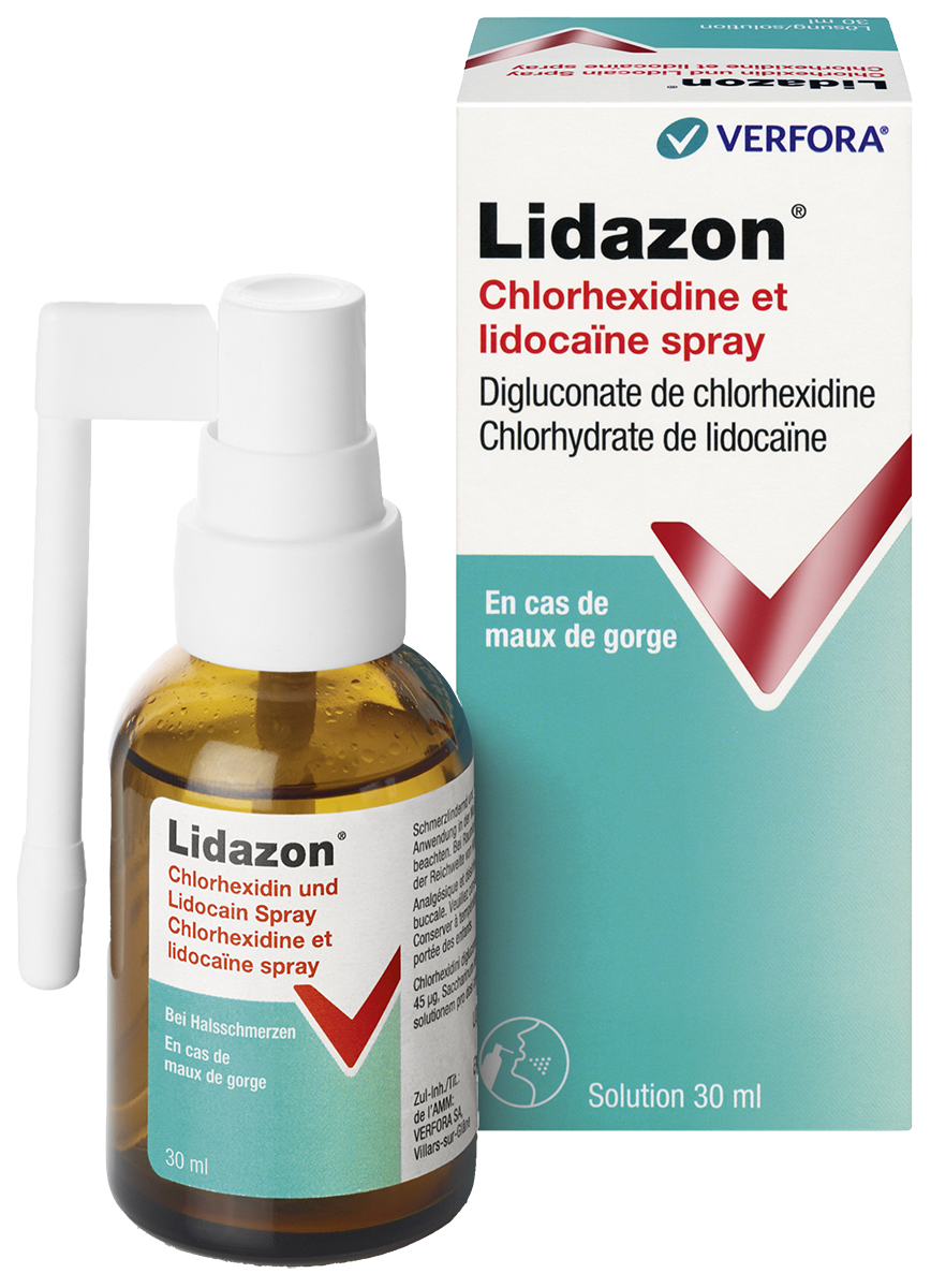 Maux de gorge – packshot avec produit Lidazon Chlorhexidine et Lidocaïne Spray