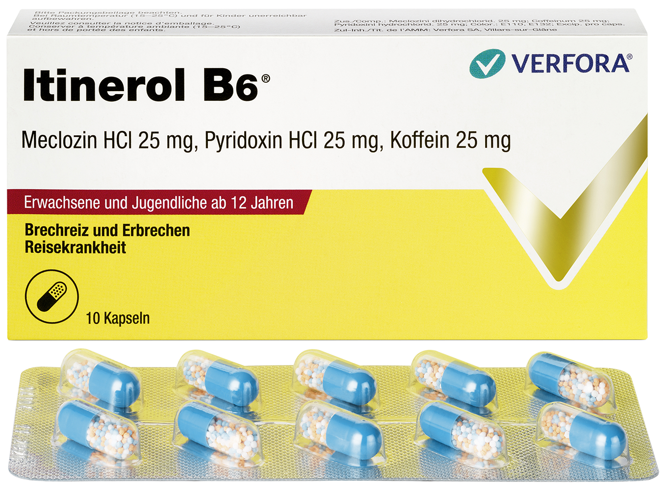Übelkeit & Reisekrankheit – Itinerol B6 Kapseln Packshot mit Produkt