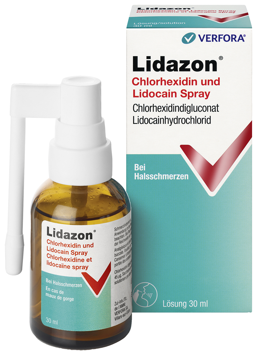 Halsweh Spray – Packshot mit Produkt Lidazon Chlorhexidin und Lidocain Spray bei Halsschmerzen