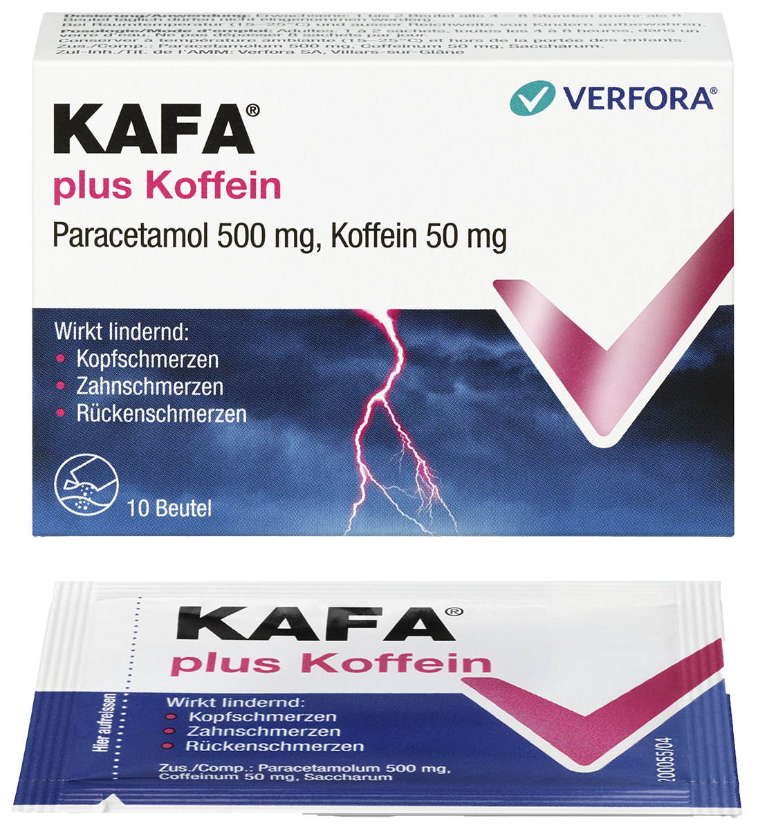 Bei Kopf-, Rücken- und Zahnschmerzen – Packshot mit Produkt Kafa plus Koffein mit Paracetamol