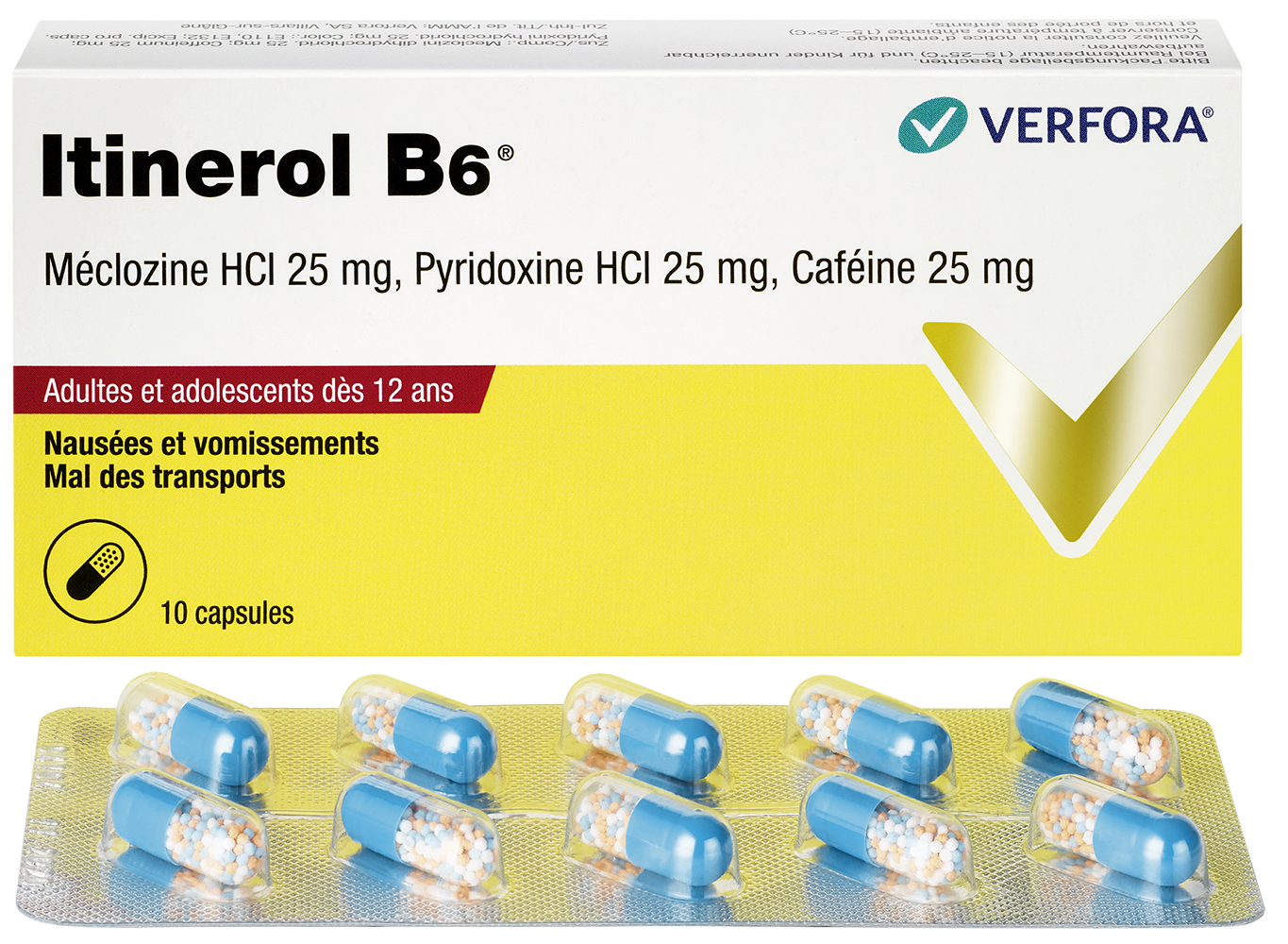 Nausées & Vomissements – Packshot avec produit Itinerol B6 Capsule