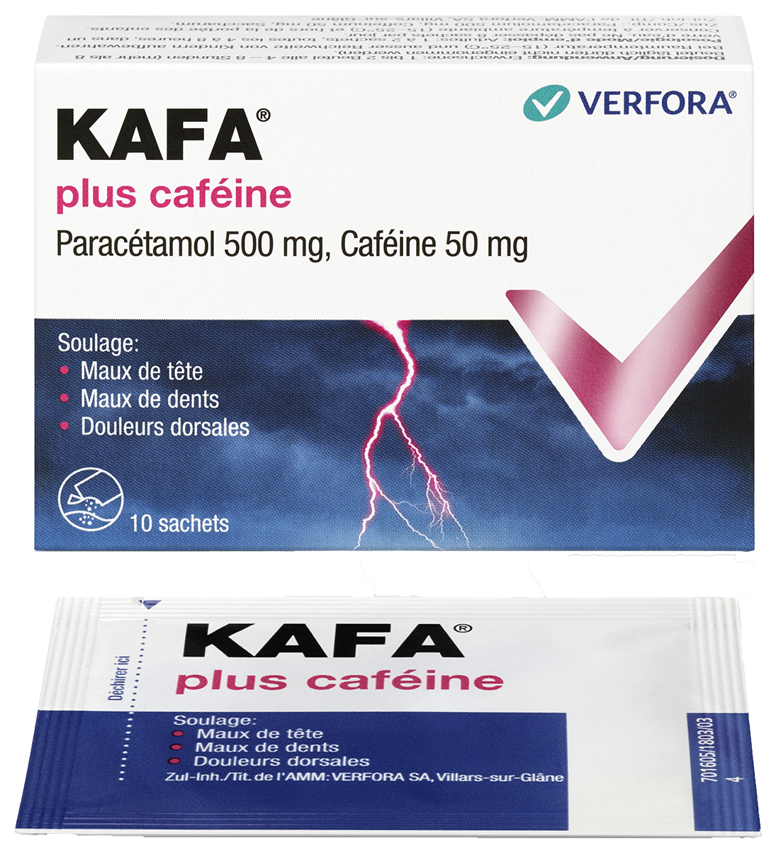 En cas de maux de tête, de mal de dos ou de douleurs dentaires – Packshot avec produit Kafa plus Caféine avec paracétamol