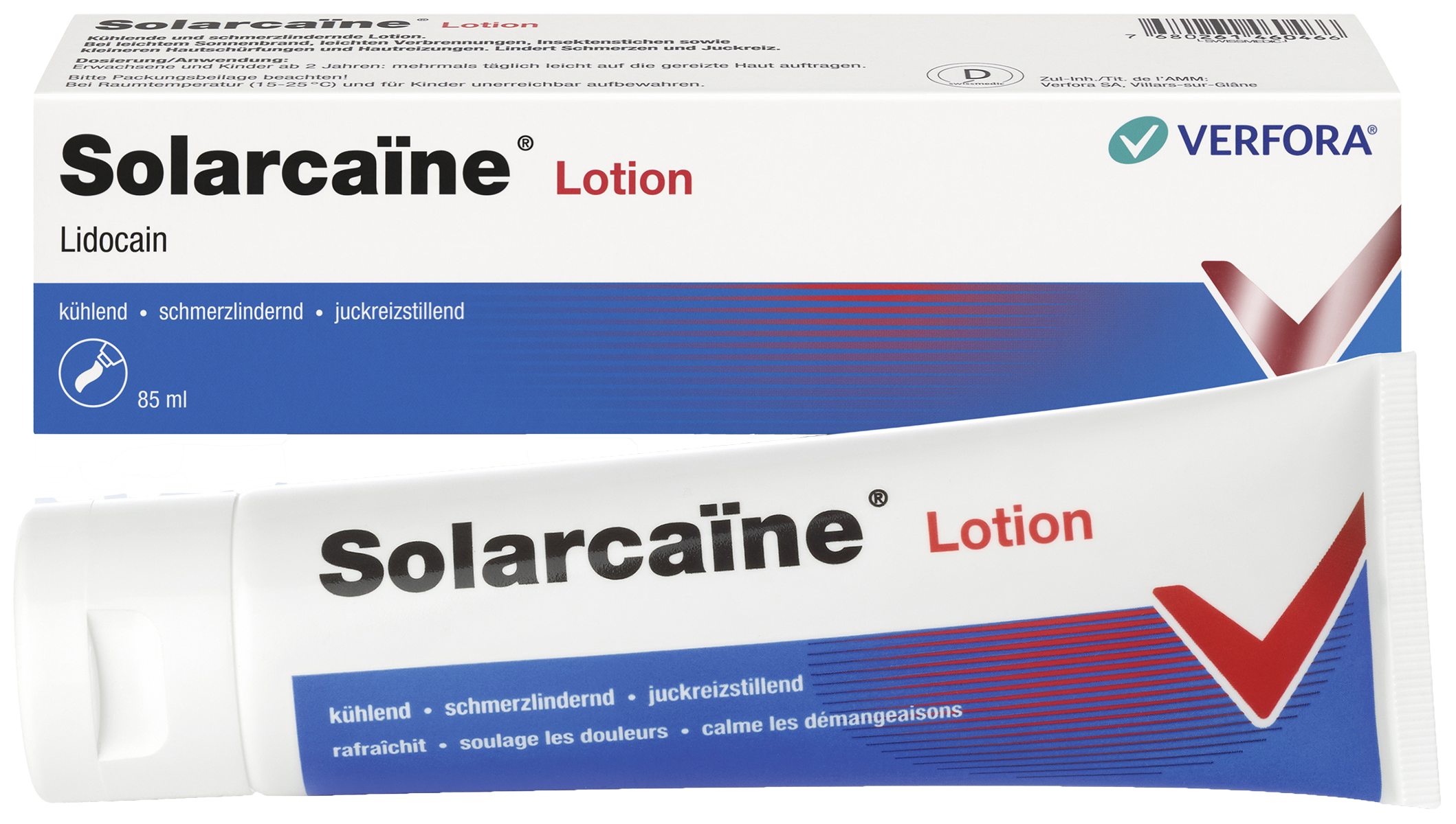 Packshot avec produit Solarcaïne Lotion – Erste Hilfe bei Sonnenbrand