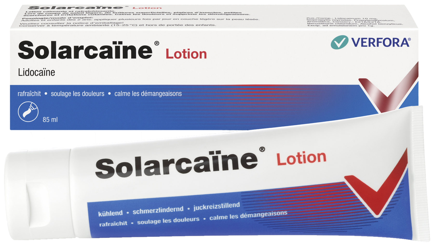 Packshot avec produit Solarcaïne premiers soins en cas de coup de soleil