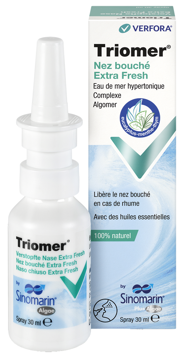Rhume – Packshot avec produit Triomer Nez Bouché Extra Fresh
