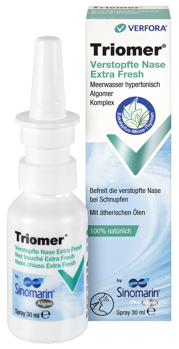 Schnupfen – Packshot mit Produkt Triomer Verstopfte Nase Extra fresh