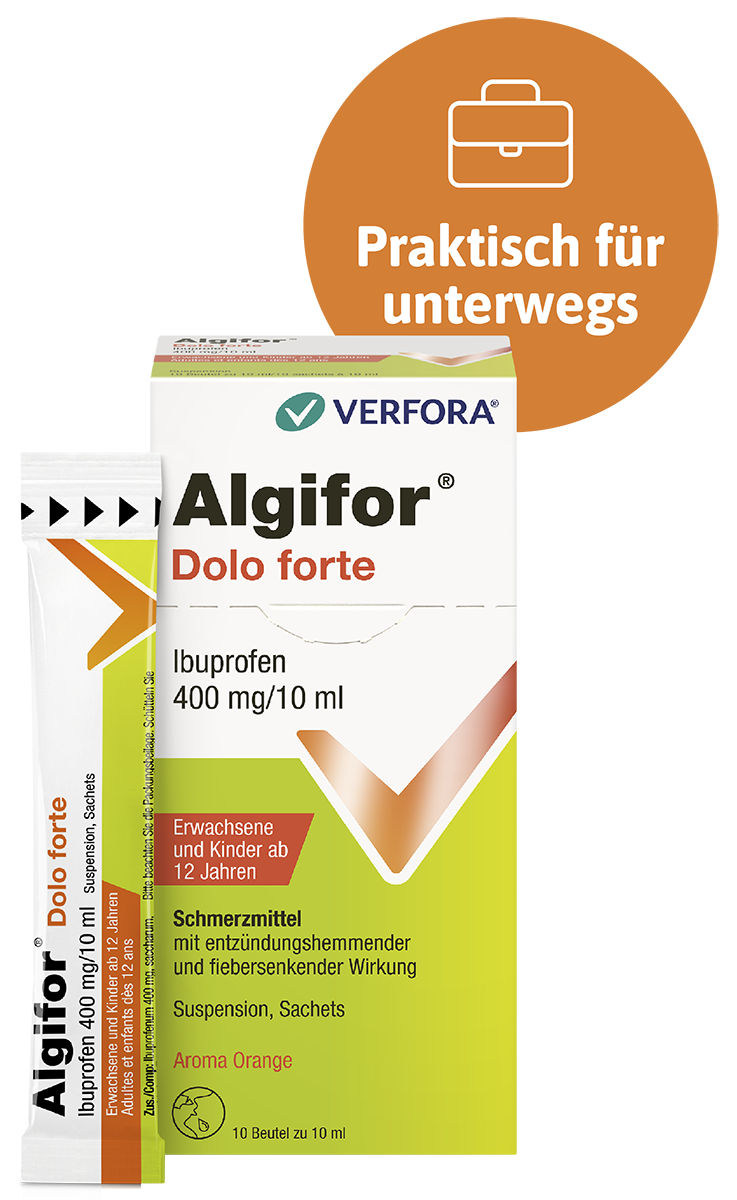 Fieber & Kopfschmerzen – Algifor Dolo Forte Beutel Packshot mit Produkt praktisch für unterwegs