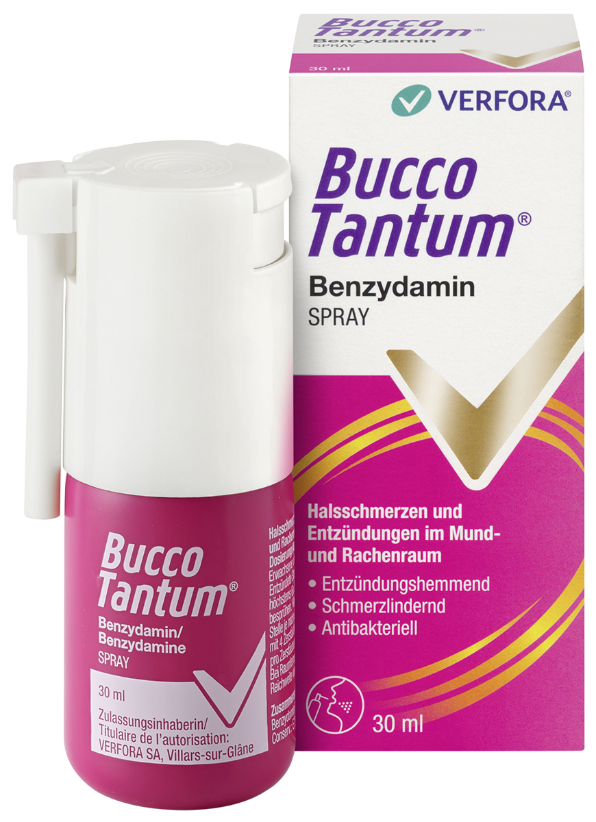 Halsschmerzen & Entzündungen im Mund – Bucco Tantum Spray Packshot mit Produkt