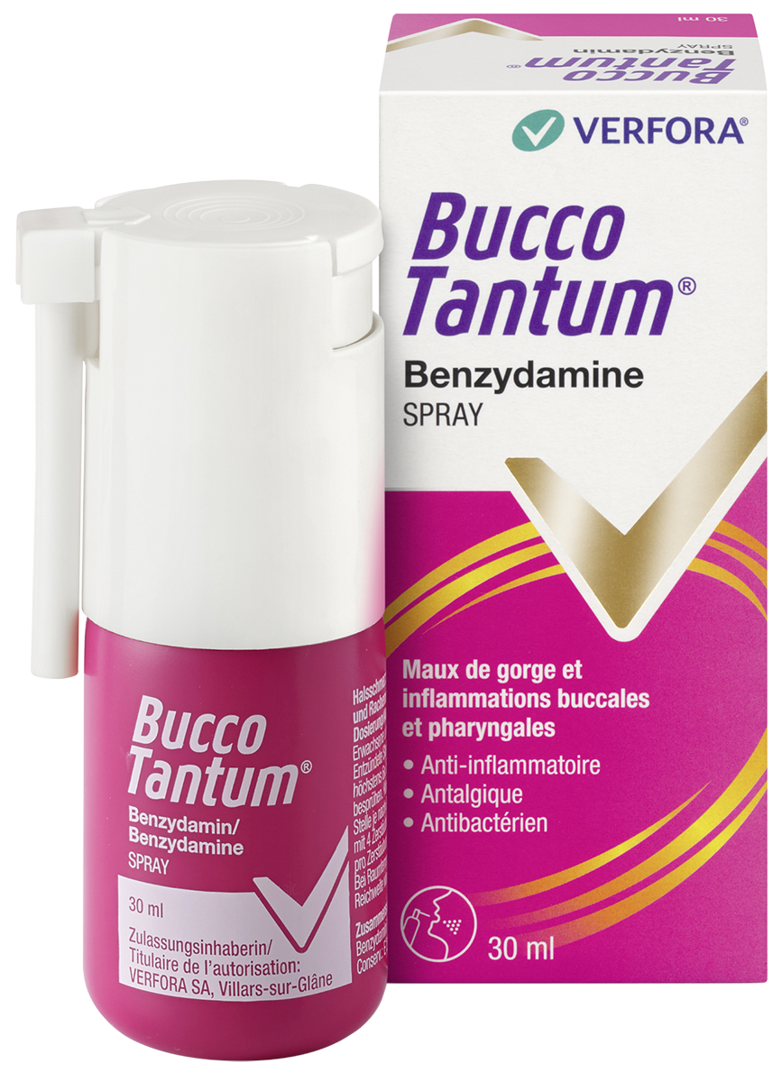 Aphtes & Maux de gorge – Packshot avec produit Bucco Tantum Spray