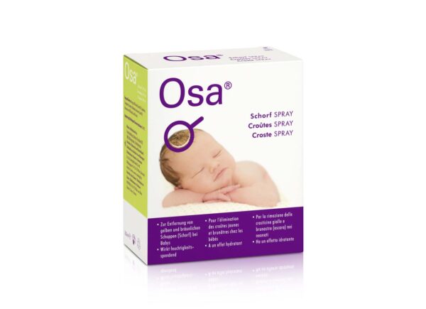 Packshot Osa Schorf Spray – Anwendung von Osa Schorf Spray auf dem Kopf eines Babys zur Entfernung von Milchschorf.