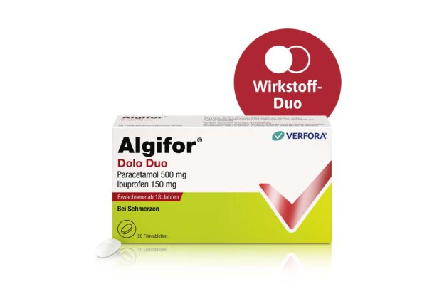 Kopfweh & Schmerzen – Packshot Algifor Dolo Duo Paracetamol und Ibuprofen in nur einer einzigen Tablette | Wirkstoff Duo