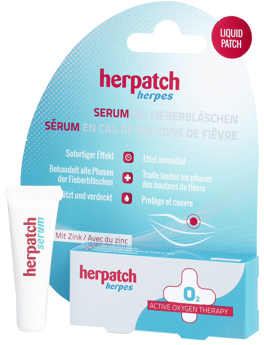 Bei Fierberbläschen, linder Schmerzen – Packshot mit Produkt Herpatch Serum 5 ml