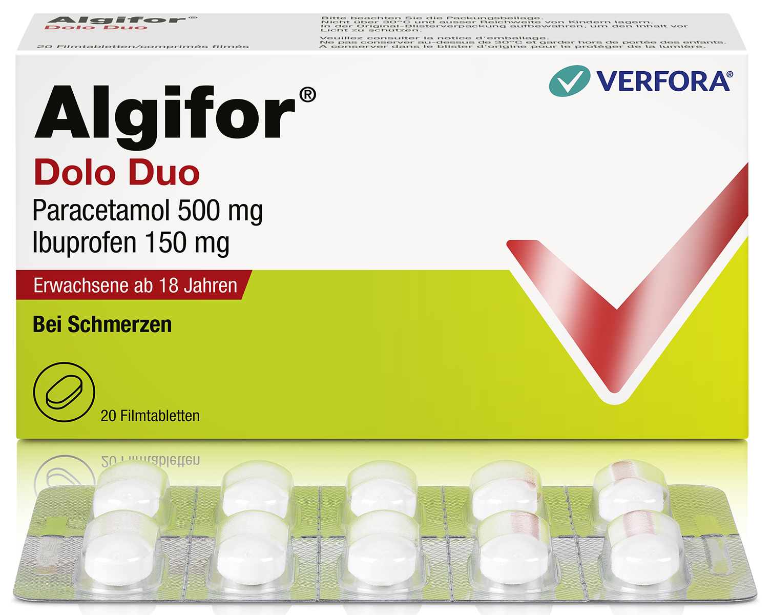 Kopfweh & Schmerzen – Packshot Algifor Dolo Duo Paracetamol und Ibuprofen in nur einer einzigen Tablette.