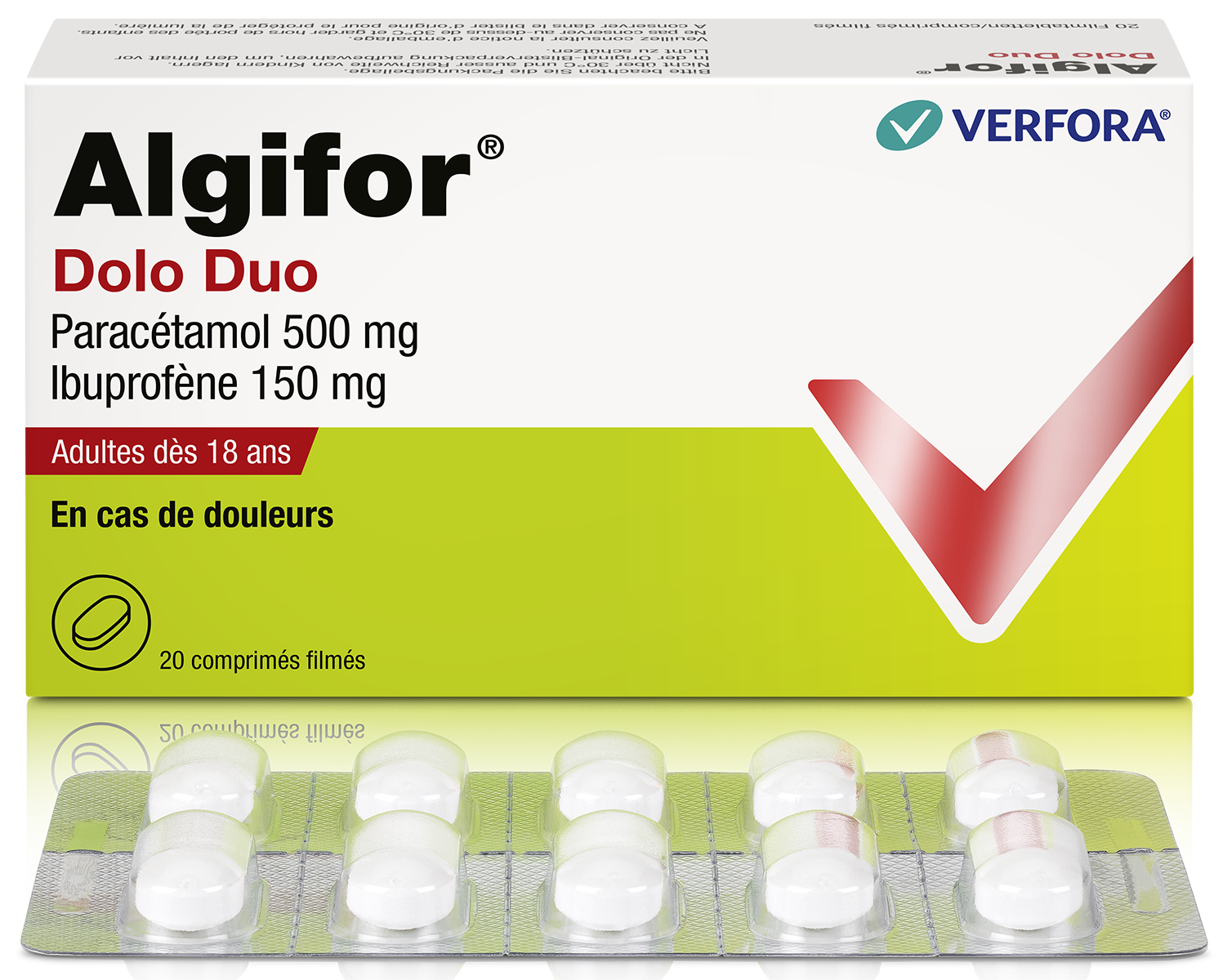 Mal de tête – packshot Algifor Dolo Duo, paracétamol et ibuprofène en un seul et même comprimé.