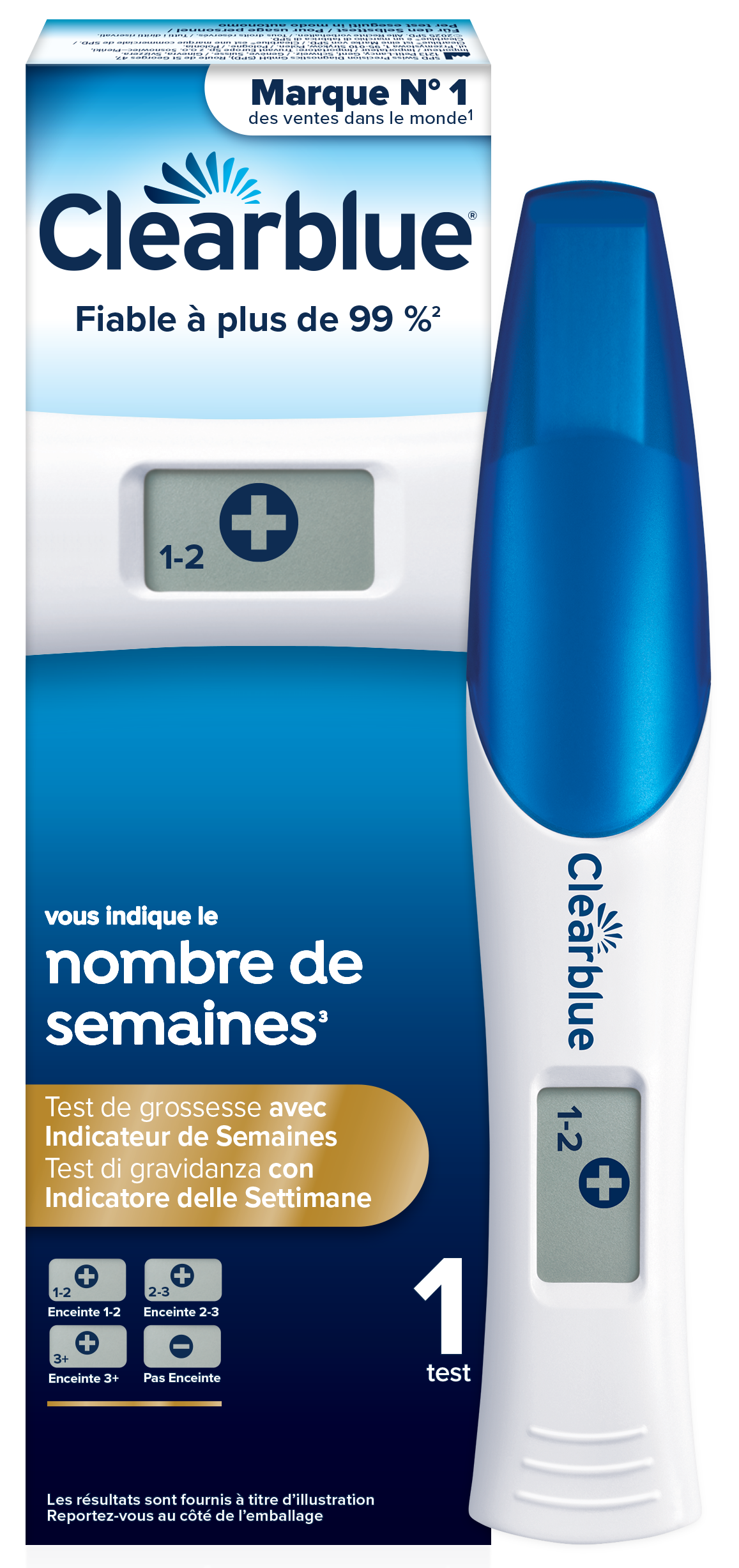 Tomber enceinte – Packshot avec produit Test de grossesse Clearblue Digital avec Estimation de l’âge de la grossesse
