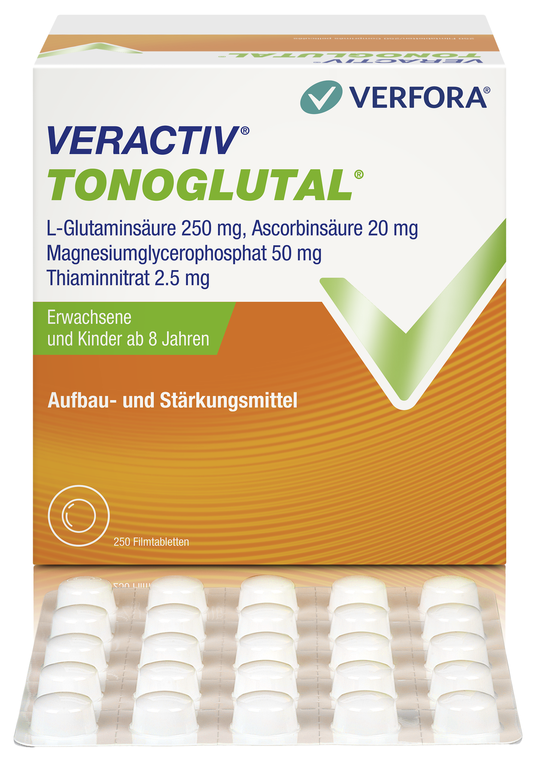 Bei Schwächezuständen, geistiger Überarbeitung, Gedächtnisproblemen und Konzentrationsmangel – Veractiv Tonoglutal Packshot mit Produkt