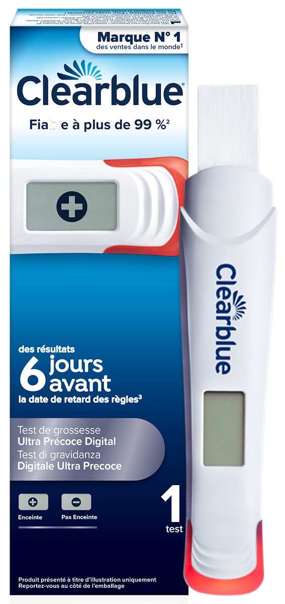 Tomber enceinte – packshot avec produit Clearblue Test de grossesse «Détection Ultra Précoce Digital»
