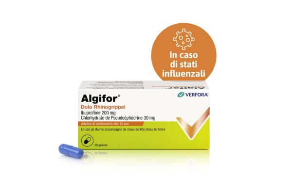 Packshot Algifor Dolo Rhinogrippal – efficace contro il raffreddore accompagnato da febbre e mal di testa