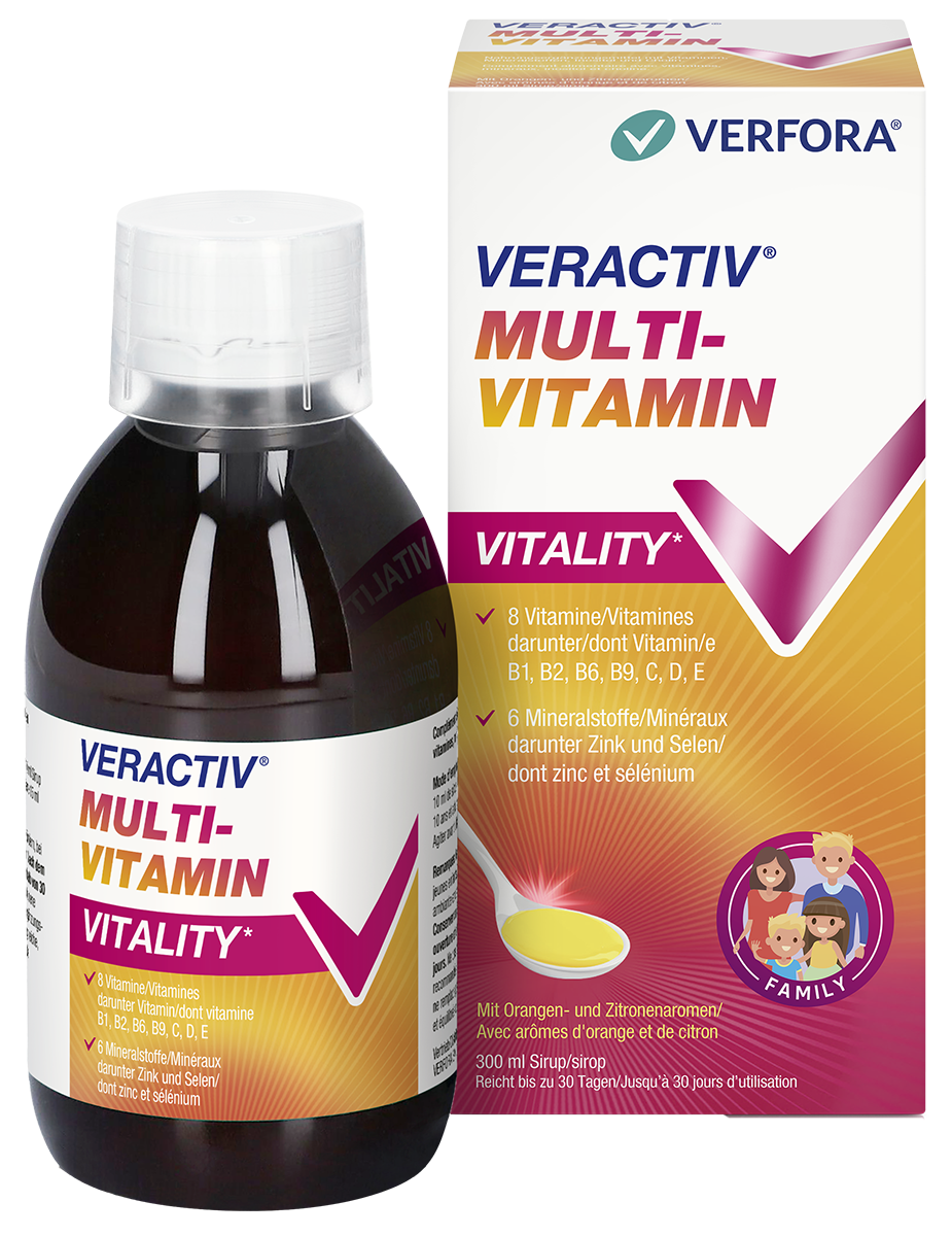 Starkes Immunsystem – Packshot Veractiv Multi-Vitamin Sirup mit Produkt