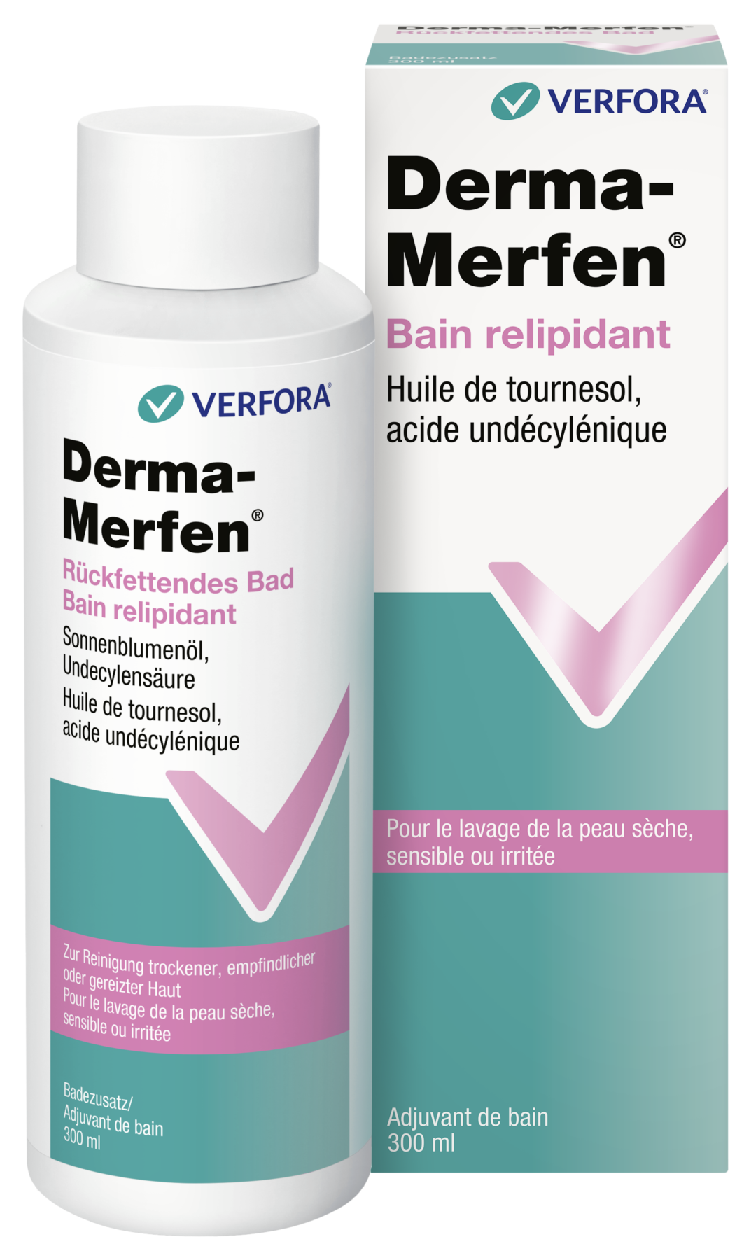 Peau sèche – Packshot avec produit Derma-Merfen Bain relipidant
