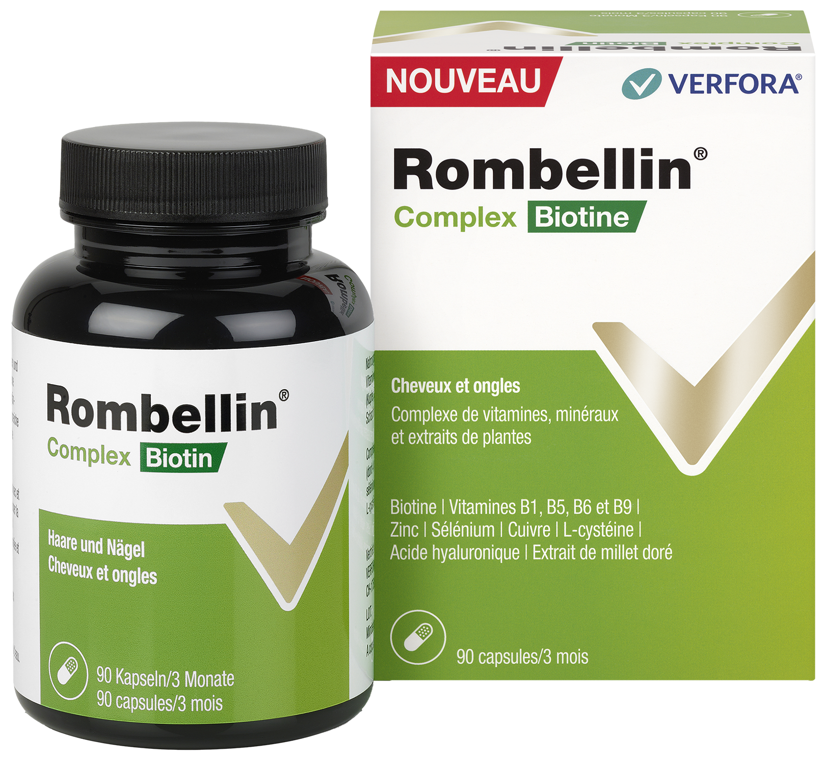 Ongles forts & Cheveux épais – Packshot Rombellin Complex biotine