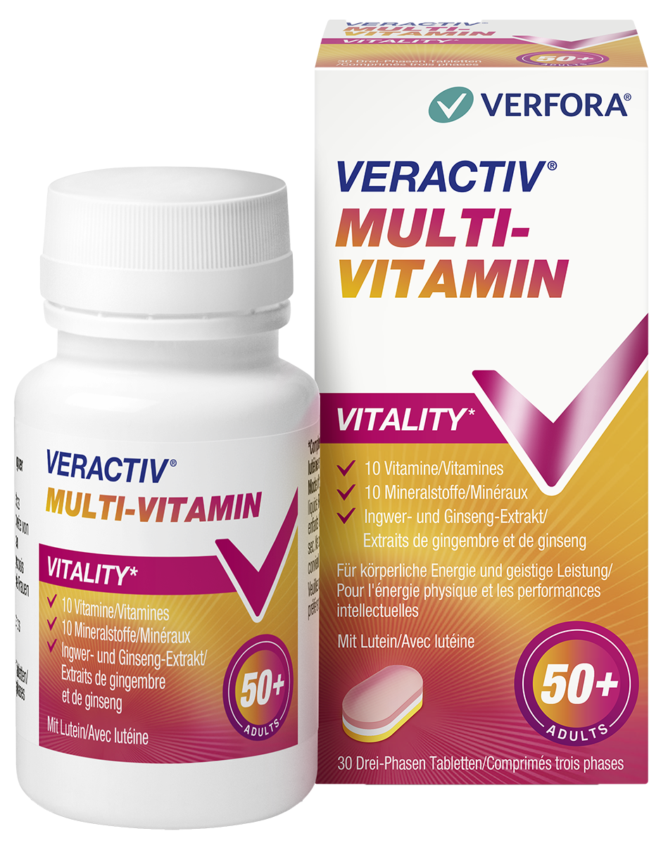 Für Körperliche Energie & geistige Leistung – Packshot mit Produkt Veractiv Multi-Vitamin 50+