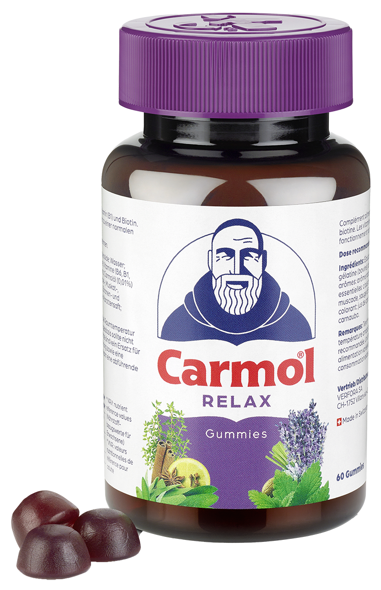Alltagstress & Müdigkeit – Packshot mit Produkt Carmol Relax Gummies