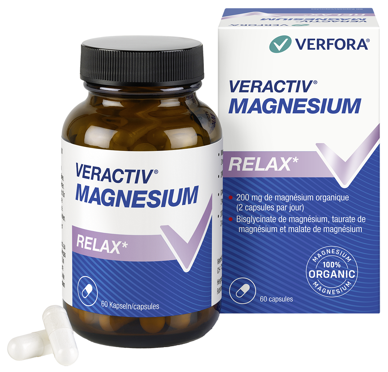 Nuit reposante et détente – Packshot avec produit Veractiv Magnesium RELAX
